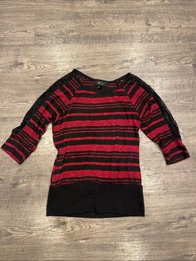 BCX Red and Black Striped Lace-Shoulder Knit Top